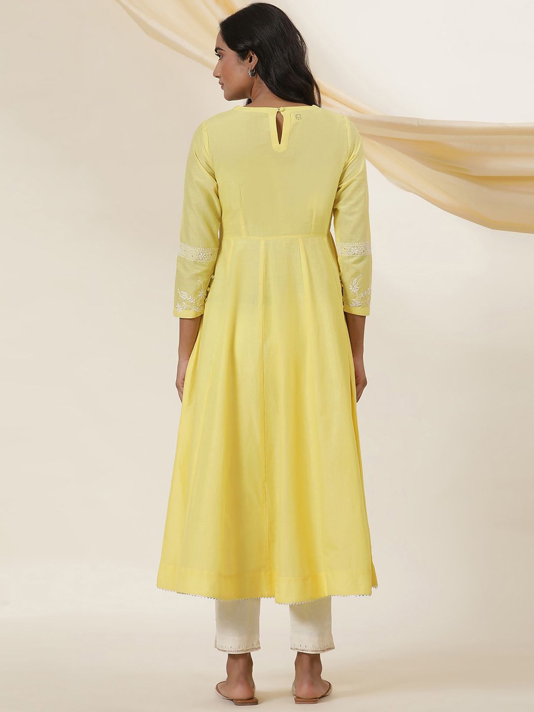W Yellow Floral Embroidered Thread Work Cotton Empire Anarkali Kurta