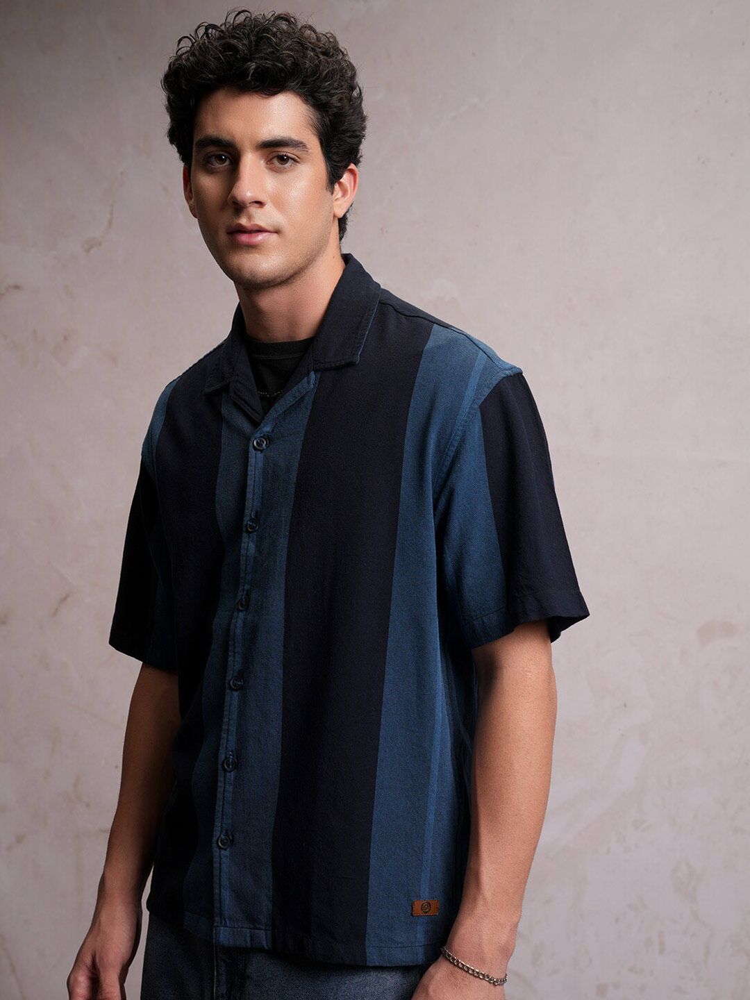 Locomotive Men Navy Dobby Textured Striper Camp Collar Oversized Shirt