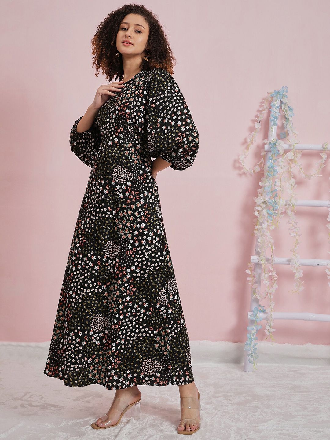 Athena Floral Printed Flutter Sleeve Crepe Maxi Dress