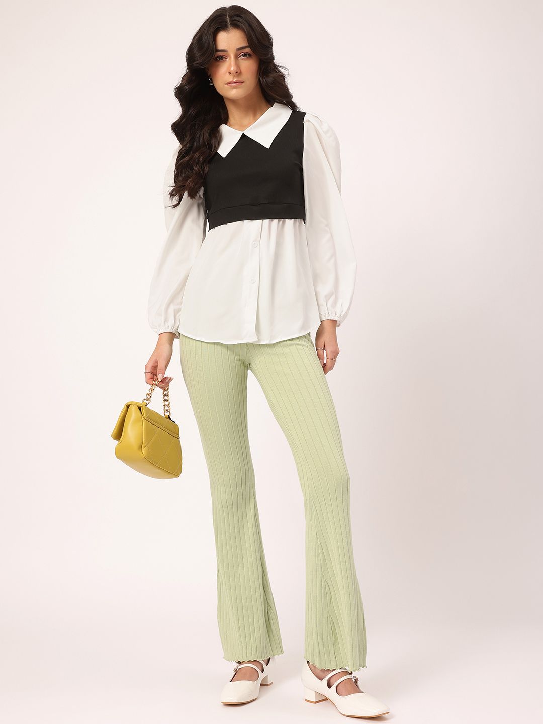 DressBerry Casually Sophisticated Layered Detail Puff Sleeves Shirt-Style Longline Top