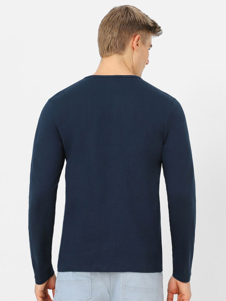 Urbano Fashion Men Navy Blue Solid Henley Neck Pure Cotton T-shirt