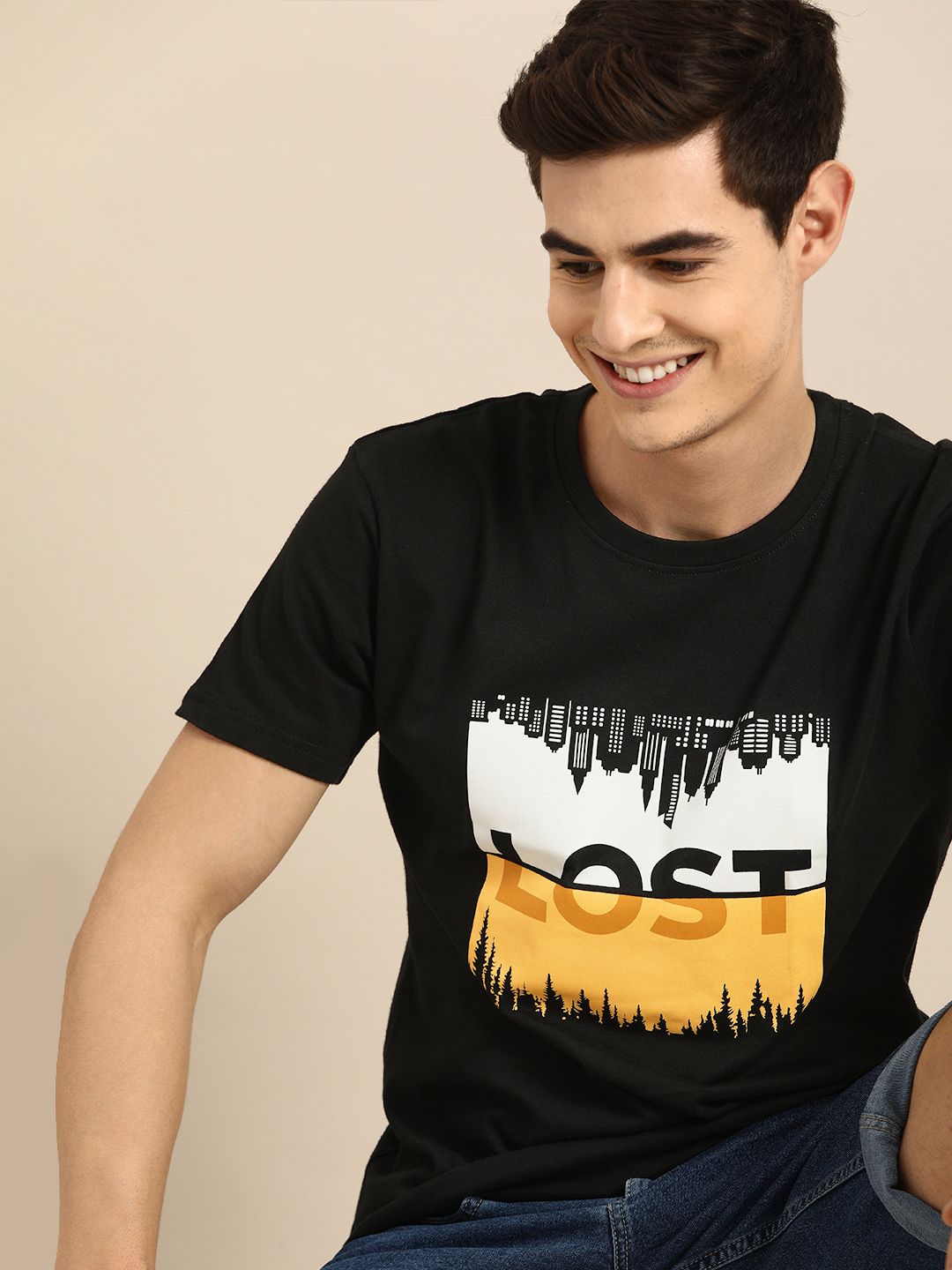 Bewakoof Men Black Printed Round Neck Pure Cotton T-shirt