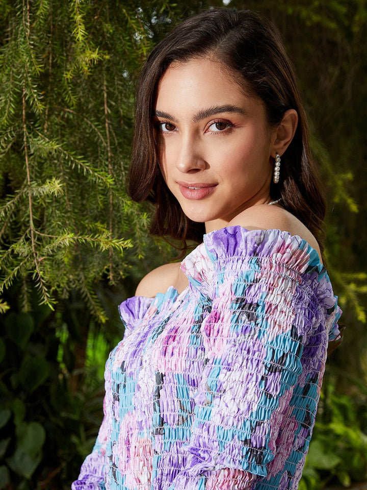SASSAFRAS Off-Shoulder Floral Printed Bell Sleeves Smocked Playsuit
