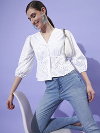 Athena V-Neck Puff Sleeves Schiffli Empire Top
