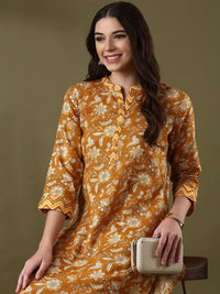Anouk Mustard Yellow Floral Printed Mandarin Collar PureCotton Straight Kurta With Trouser