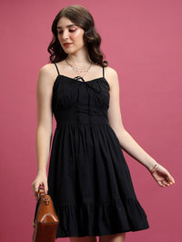 Tokyo Talkies Black Shoulder Straps Ruffles Cotton Fit & Flare Dress