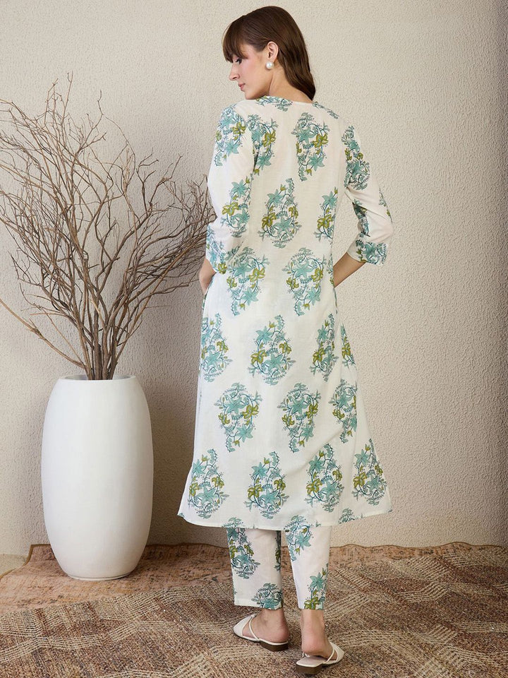 Indo Era Floral Printed V Neck A Line Pleated Pure Cotton Kurta With Trousers