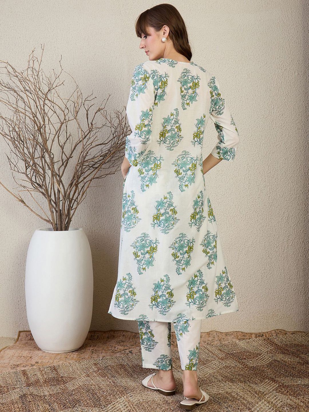 Indo Era Floral Printed V Neck A Line Pleated Pure Cotton Kurta With Trousers
