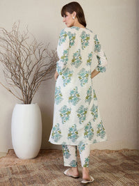 Indo Era Floral Printed V Neck A Line Pleated Pure Cotton Kurta With Trousers