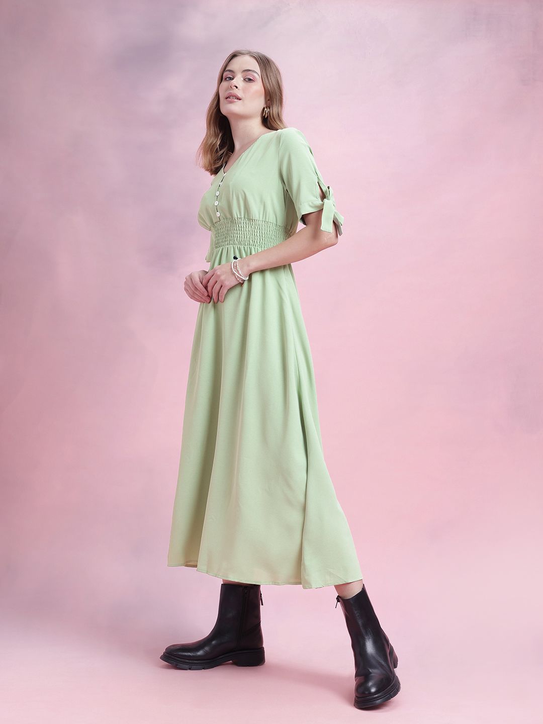 DressBerry Smocked Effect Fit & Flare Maxi Dress with Tie-ups