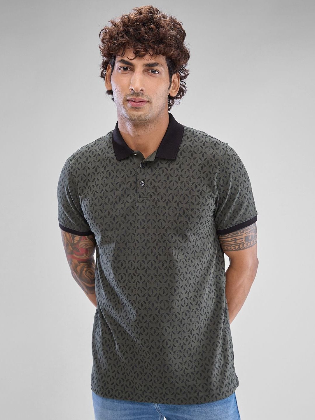 SPYKAR Men Geometric Printed Polo Collar Slim Fit T-shirt