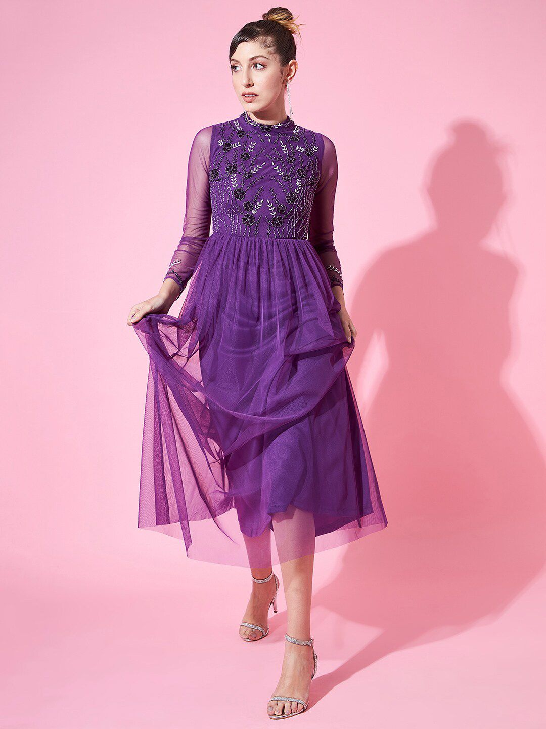 STREET 9 Purple Embellished Net Maxi Maxi Dress