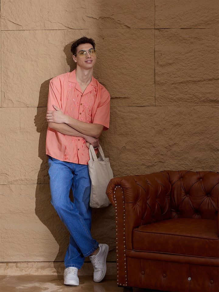 DENNISON Men Embroidery Oversized Cotton Casual Shirt