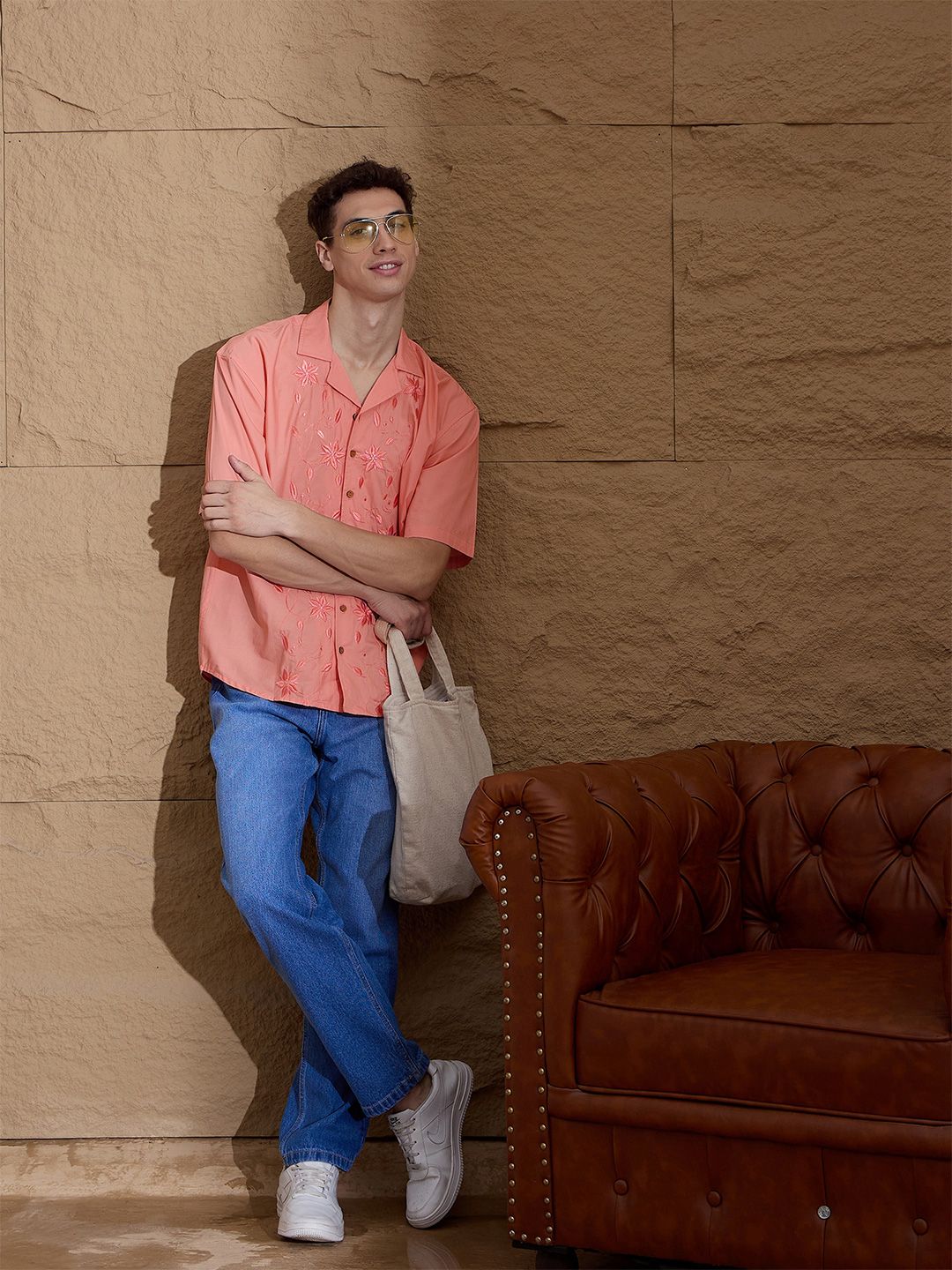 DENNISON Men Embroidery Oversized Cotton Casual Shirt