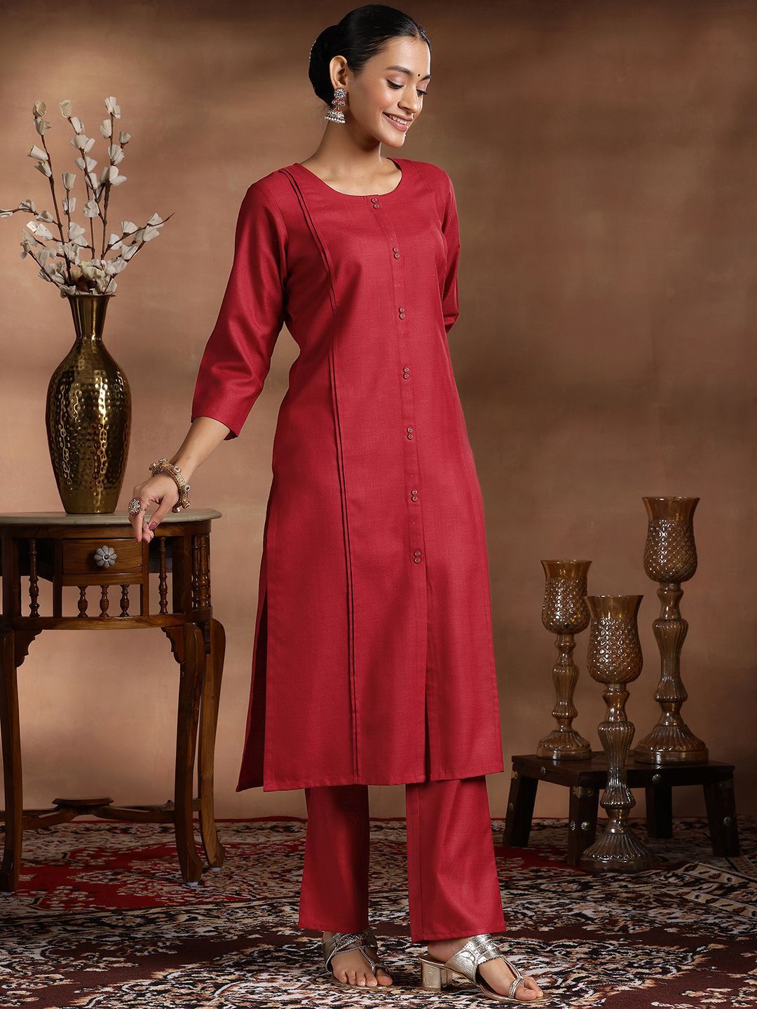 Libas Round Neck Pleated Straight Kurta with Trousers & Dupatta