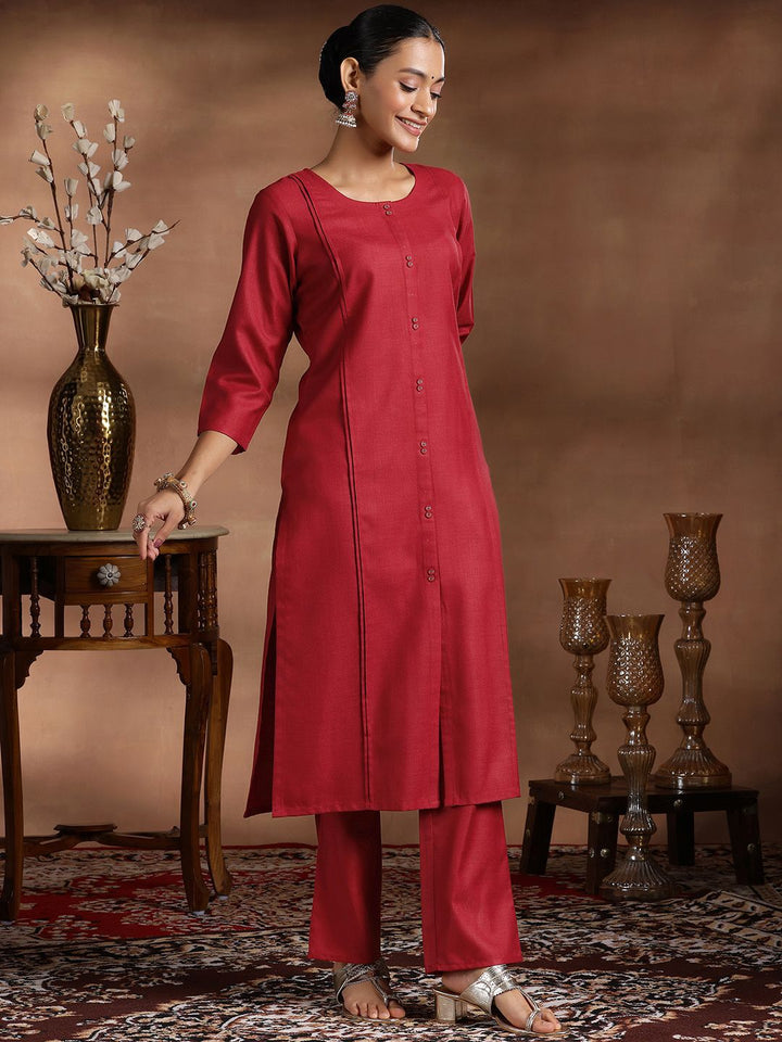 Libas Round Neck Pleated Straight Kurta with Trousers & Dupatta