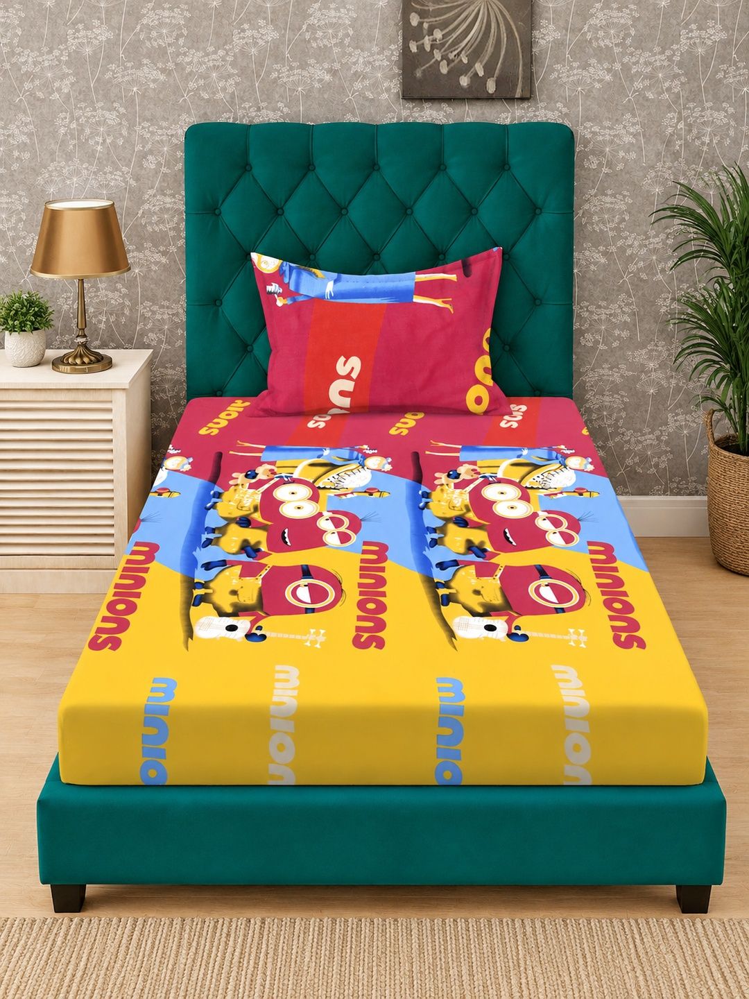 Myntra Elegant Homes Yellow & Red  400 TC Single Bedsheet with 1 Pillow Covers