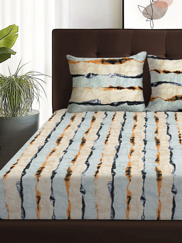 Story@home Arena Cream-Coloured & Grey Printed 180 TC Queen Bedsheet & 2 Pillow Covers