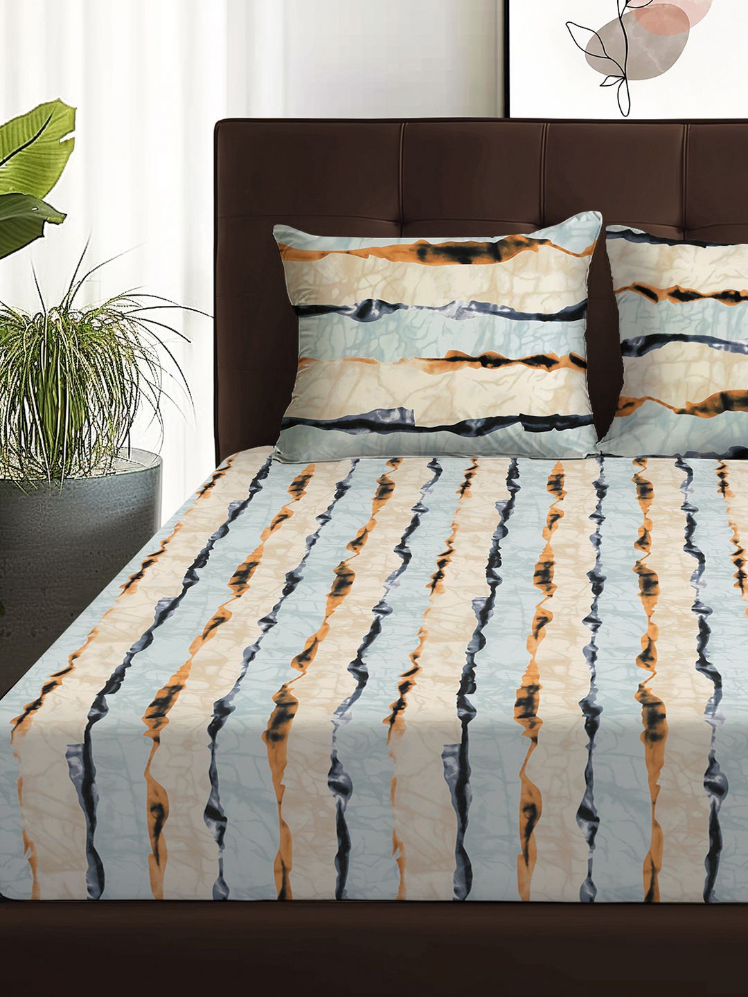 Story@home Arena Cream-Coloured & Grey Printed 180 TC Queen Bedsheet & 2 Pillow Covers