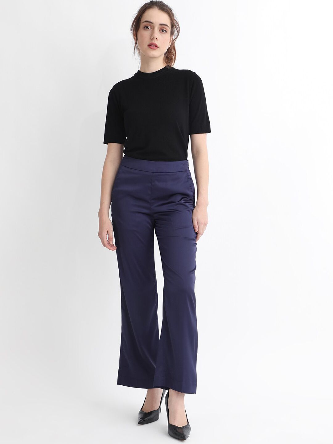 RAREISM Women Slim Fit High-Rise Plain Satin Parallel Trousers