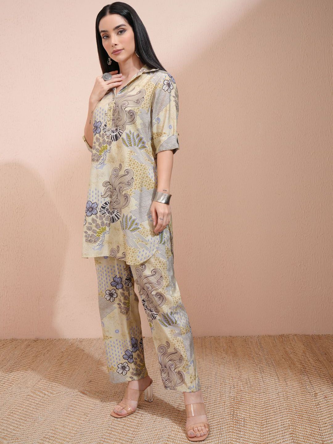 Vishudh Yellow Floral Printed Shirt Collar Three-Quarter Sleeves Top With Trouser