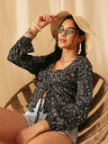 Quiero Green Floral Printed V Neck Crepe Top
