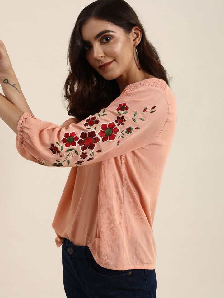 all about you Coral Pink Regular Top With Embroidery