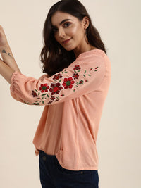 all about you Coral Pink Regular Top With Embroidery