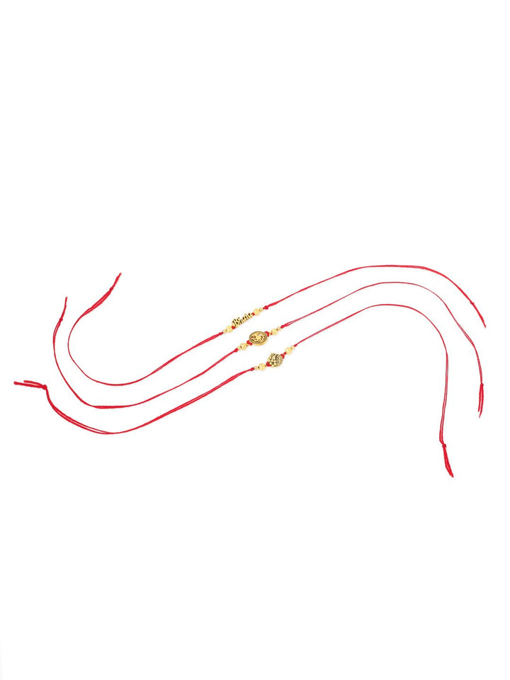 NVR Unisex Set of 3 Gold Toned Thread Rakhi with Roli Chawal Chandan Mishri