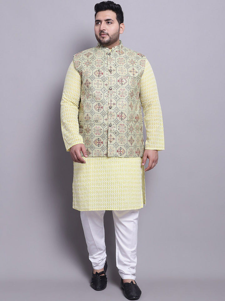 SOJANYA PLUS Plus Size Pure Cotton Straight Kurta With Pyjamas & Printed Nehru Jacket