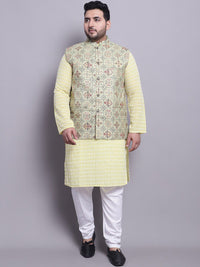 SOJANYA PLUS Plus Size Pure Cotton Straight Kurta With Pyjamas & Printed Nehru Jacket