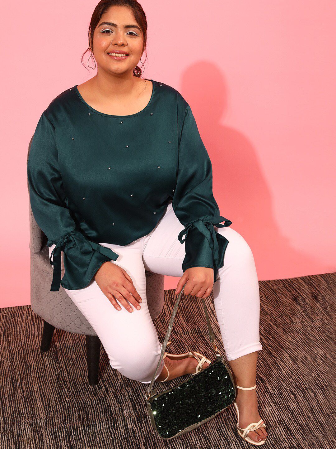 CURVY STREET Plus Size Embellished Round Neck Top