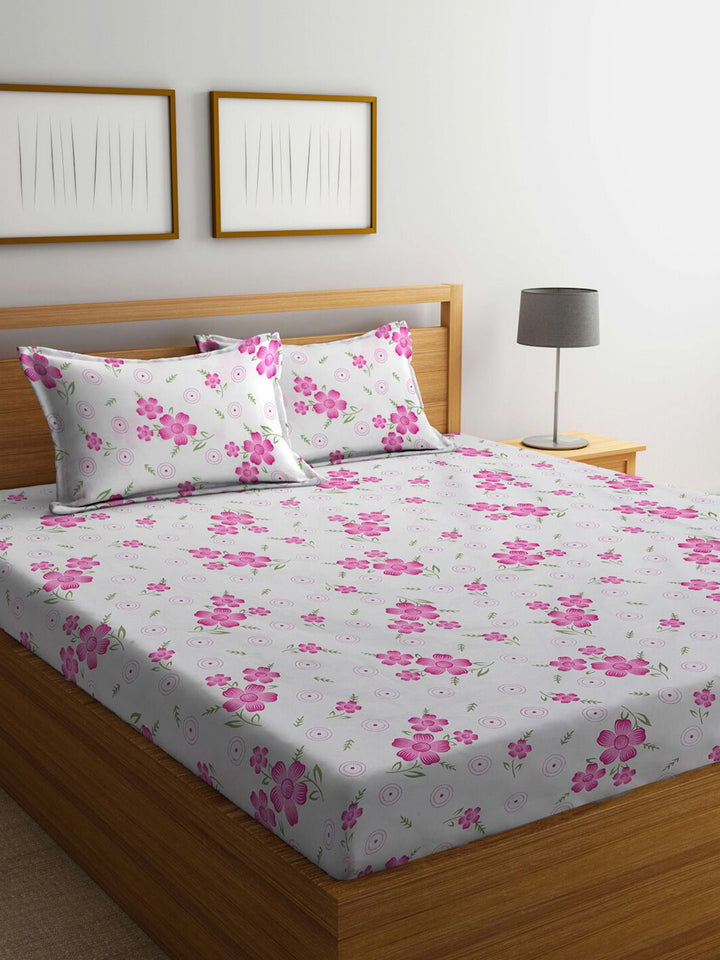 KLOTTHE Kelabu Kapas Bunga 300 TC Dilengkapi Cadar King Halus dengan 2 Sarung Bantal-250 x 225 cm