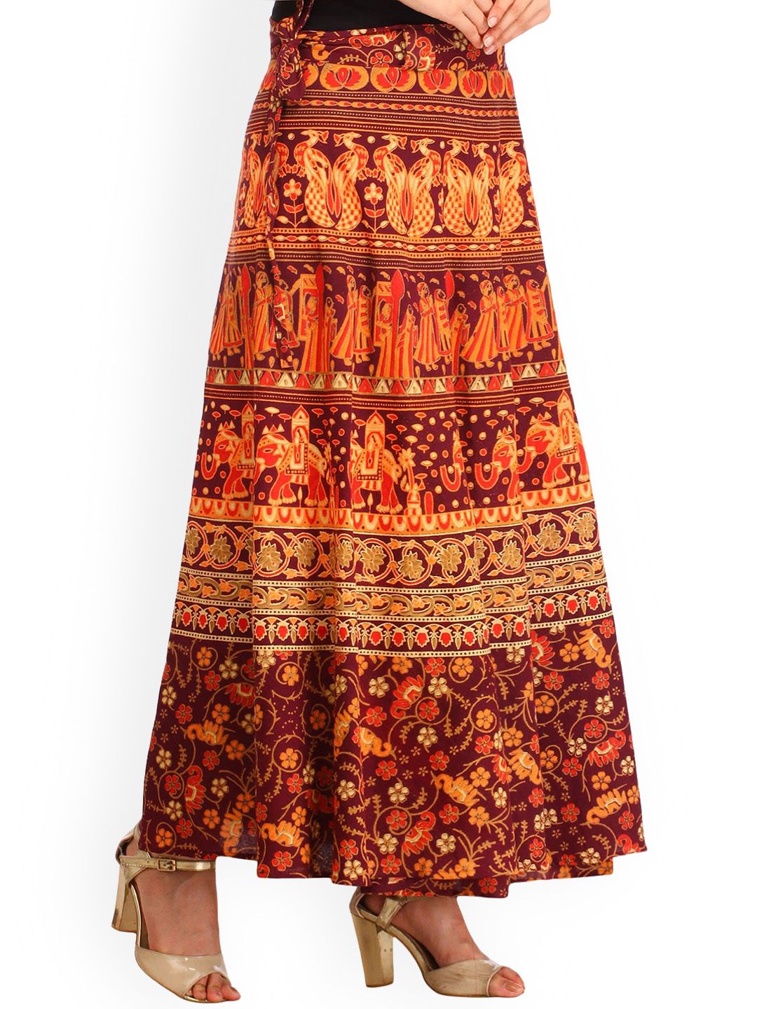 Exotic India Wrap around Long Skirt with Printed Wedding Scenes