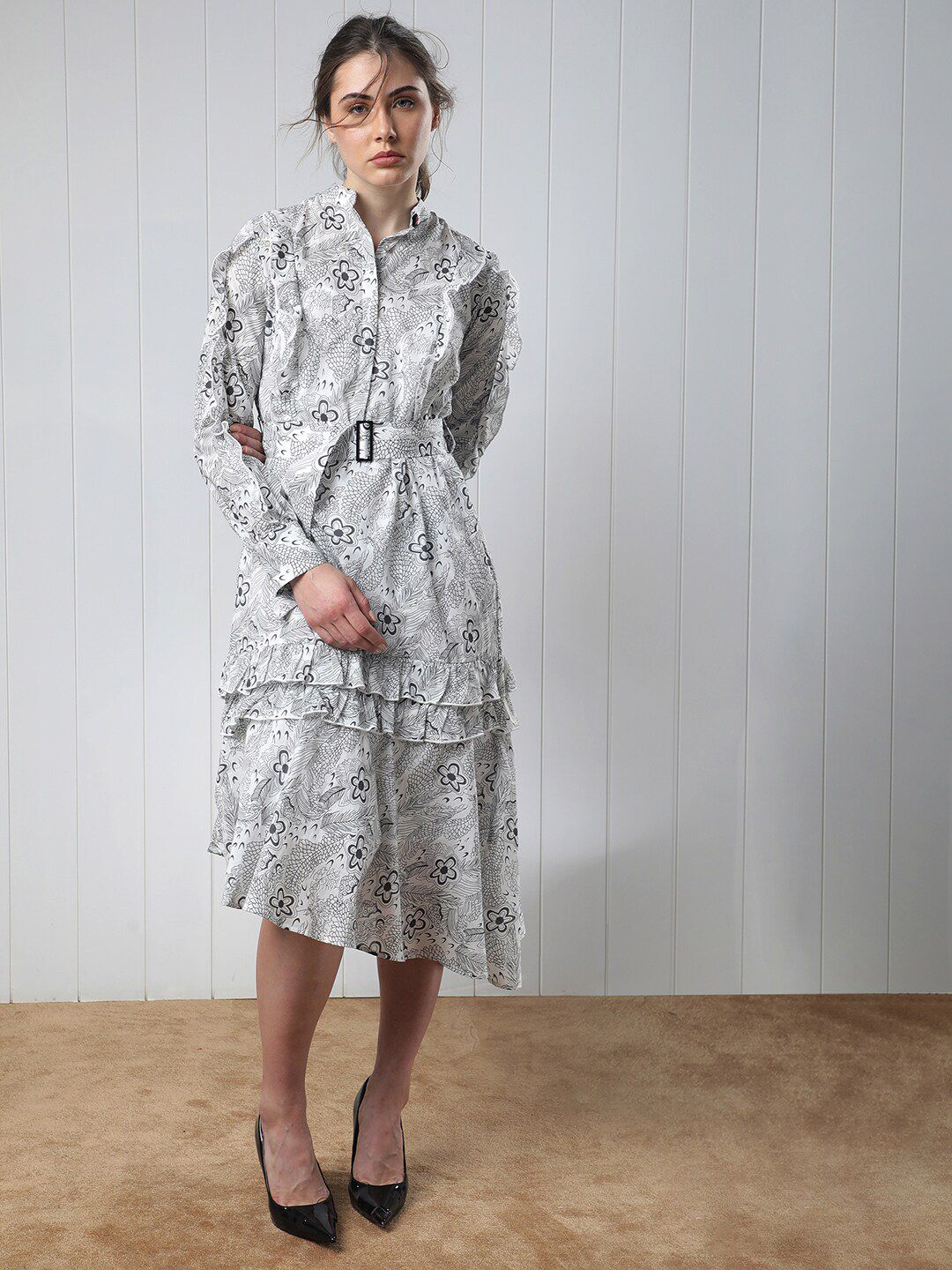 Rareism Floral Midi Belted Shirt Dress