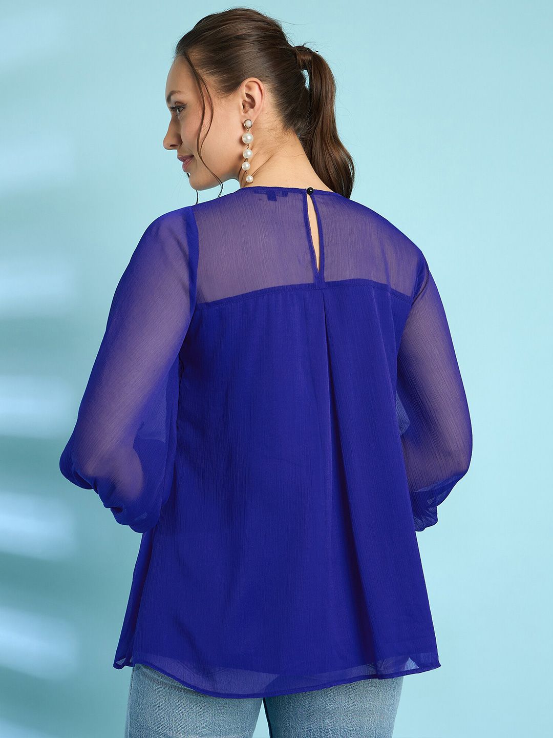 Antheaa Blue Puff Sleeves Smocked Detailed A-Line Top