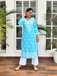 House of Chikankari Women Sky Blue Cotton Chikankari Embroidered Kurta