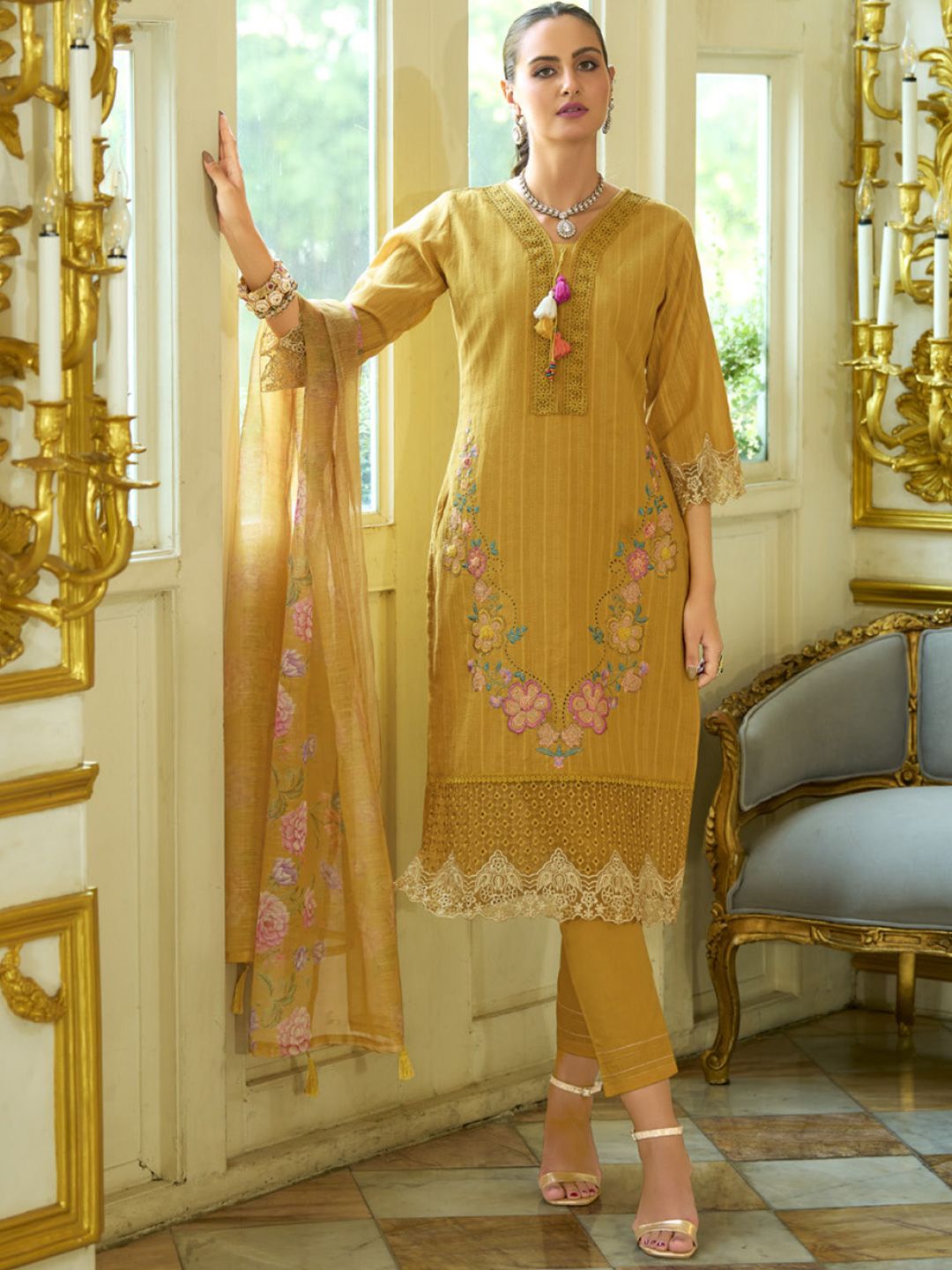 Varanga Floral Embroidered V-Neck Thread Work Pure Cotton Kurta With Trousers And Dupatta