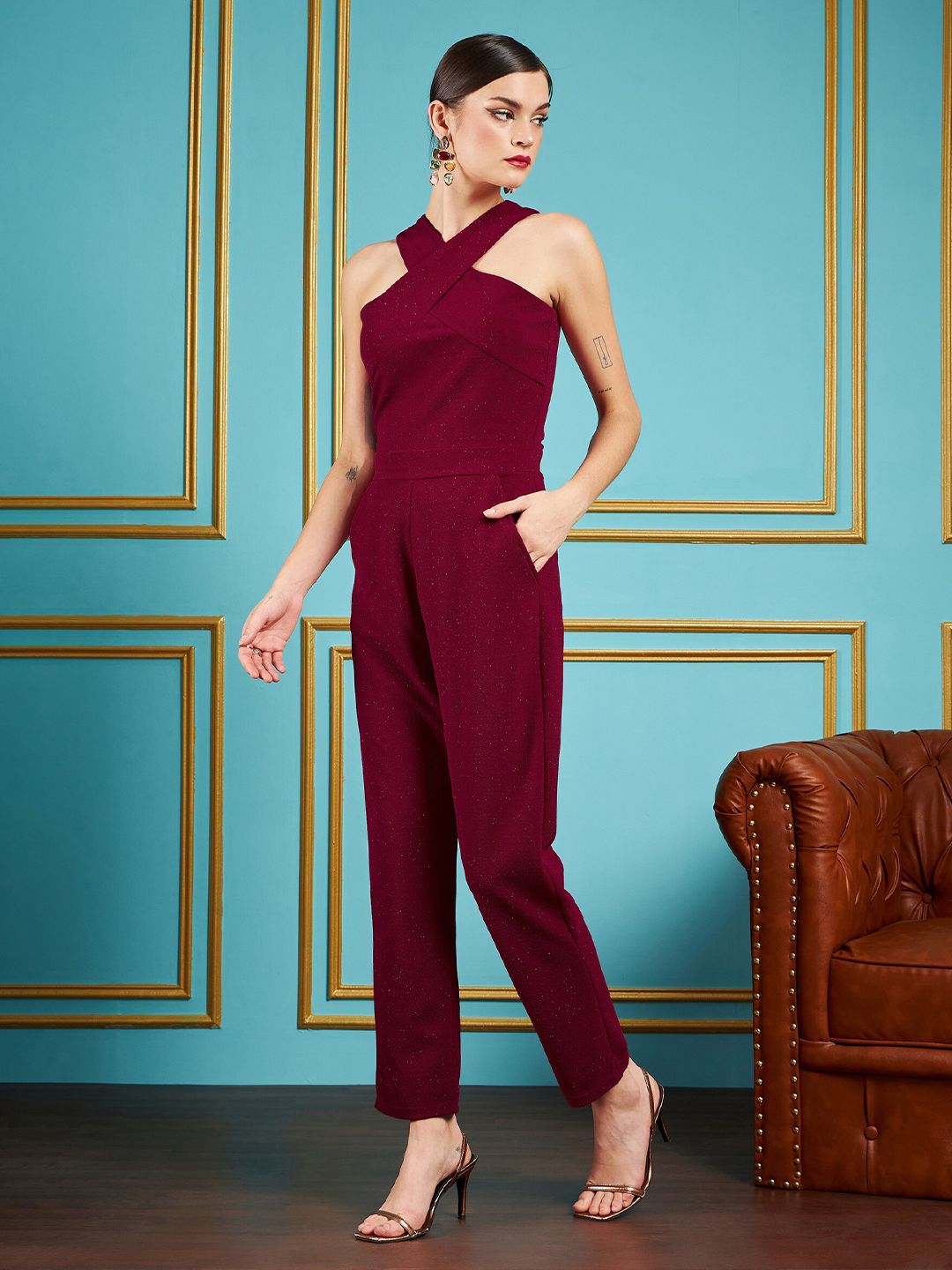 SASSAFRAS Maroon Halter Neck Basic Jumpsuit