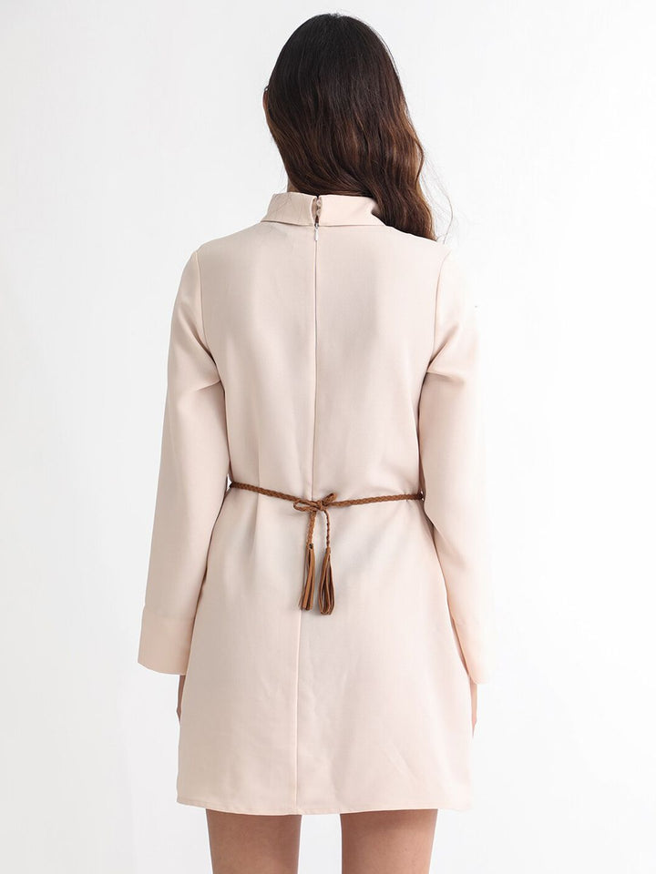 RAREISM High Neck Flared Sleeves A-Line Formal Dress With Suede Corded Belt