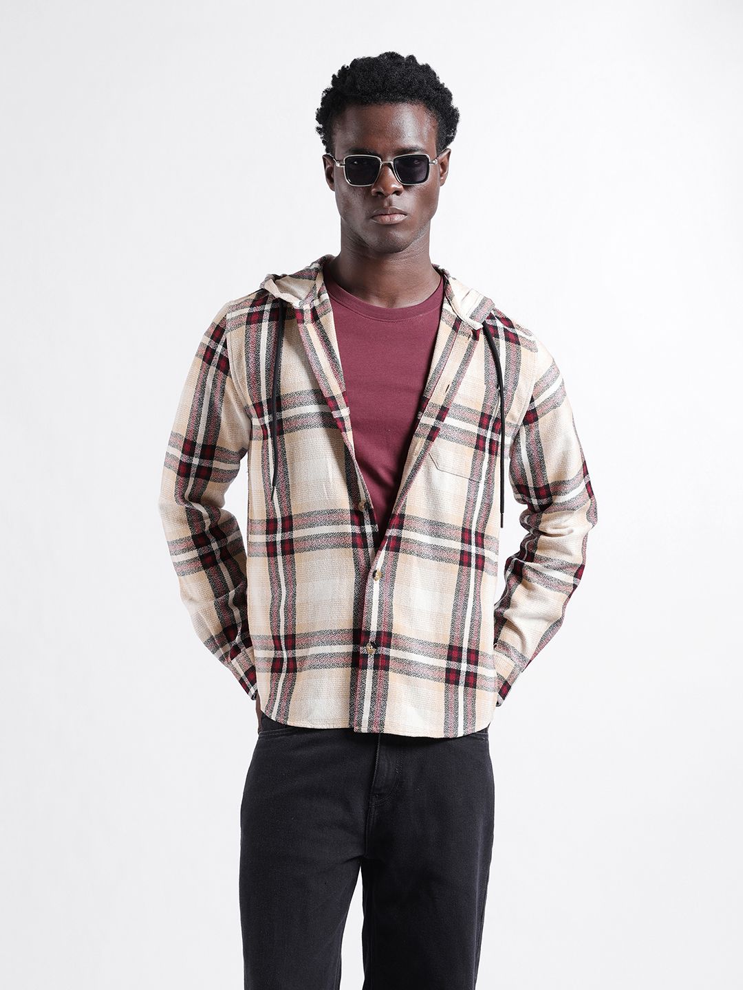 The Indian Garage Co Men Regular Fit Checked Casual Hooded Overshirt