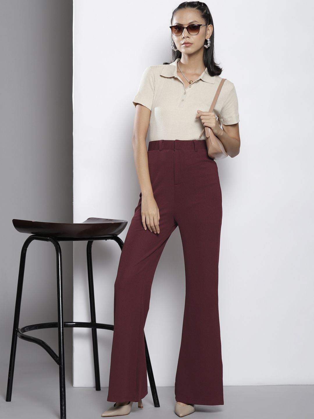 SASSAFRAS Women Burgundy Comfort Flared Easy Wash Bootcut Trousers