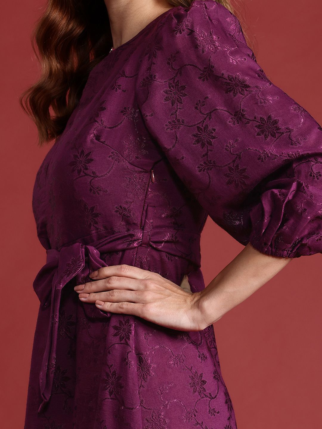 all about you Floral Print Embroidered Puff Sleeves A-Line Dress With Tie-Up Waist