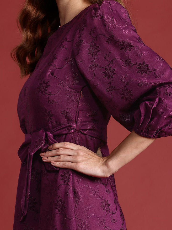 all about you Floral Print Embroidered Puff Sleeves A-Line Dress With Tie-Up Waist
