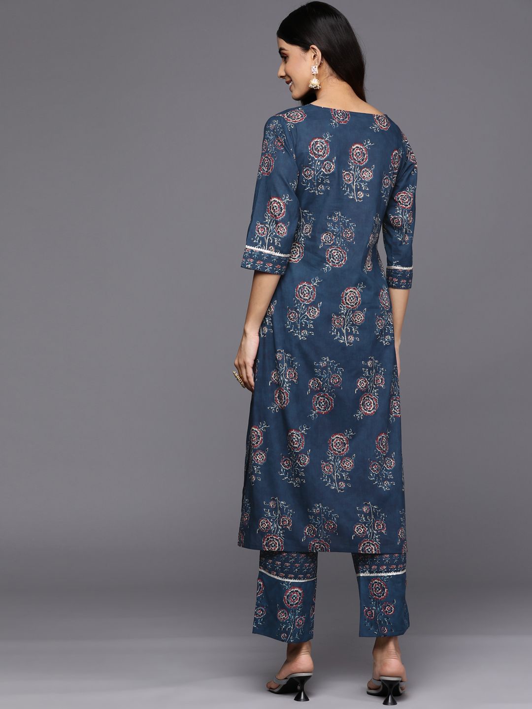 Libas Women Blue Floral Printed Gotta Patti Pure Cotton Kurta with Trousers