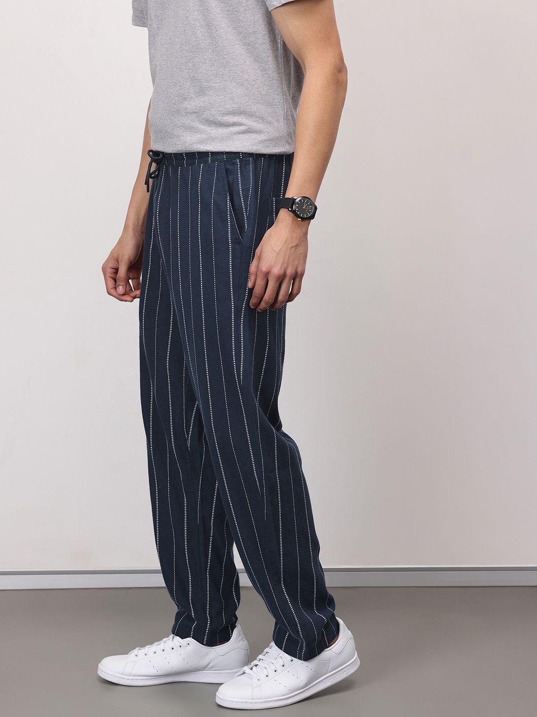 ether Zen Men Cotton Linen Striped Chinos Trousers