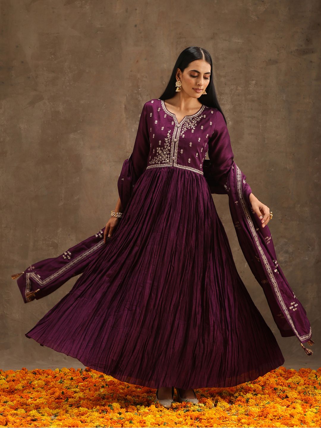 Libas Floral Embroidered Empire Sequinned Kurta With Trousers & Dupatta