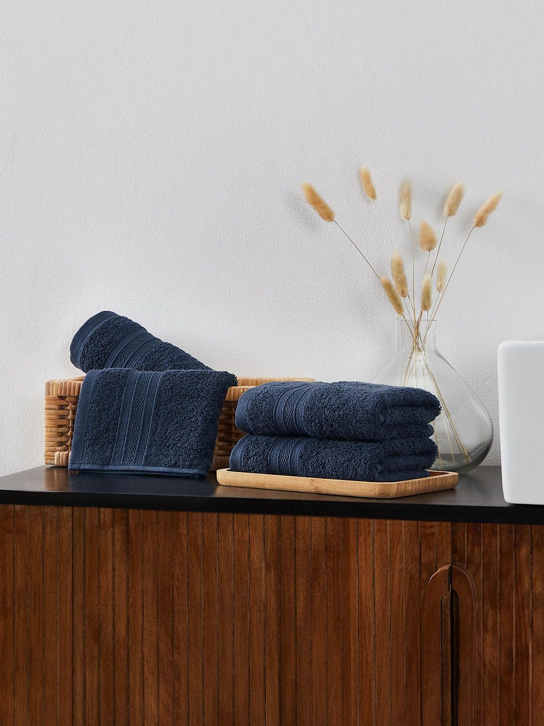 MYTRIDENT Set of 4 Navy Blue 500 GSM Striped Cotton Hand Towels