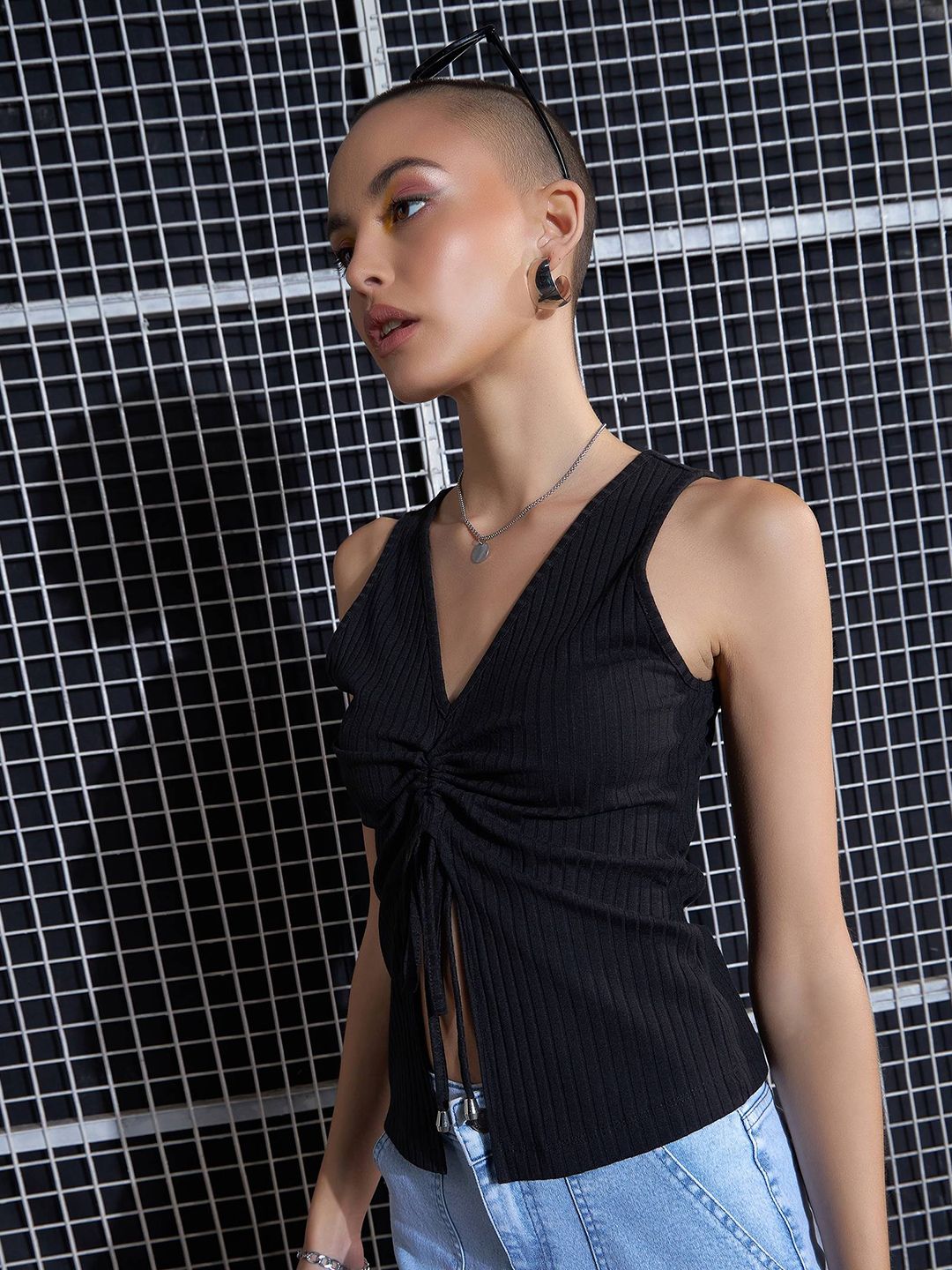 SASSAFRAS Black Lace-Up Crop Top