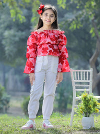 Cutiekins Girls Floral Printed Off-Shoulder Top with Trouser